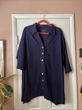 Soft Surroundings Navy Button-Front Collared Women's Top
